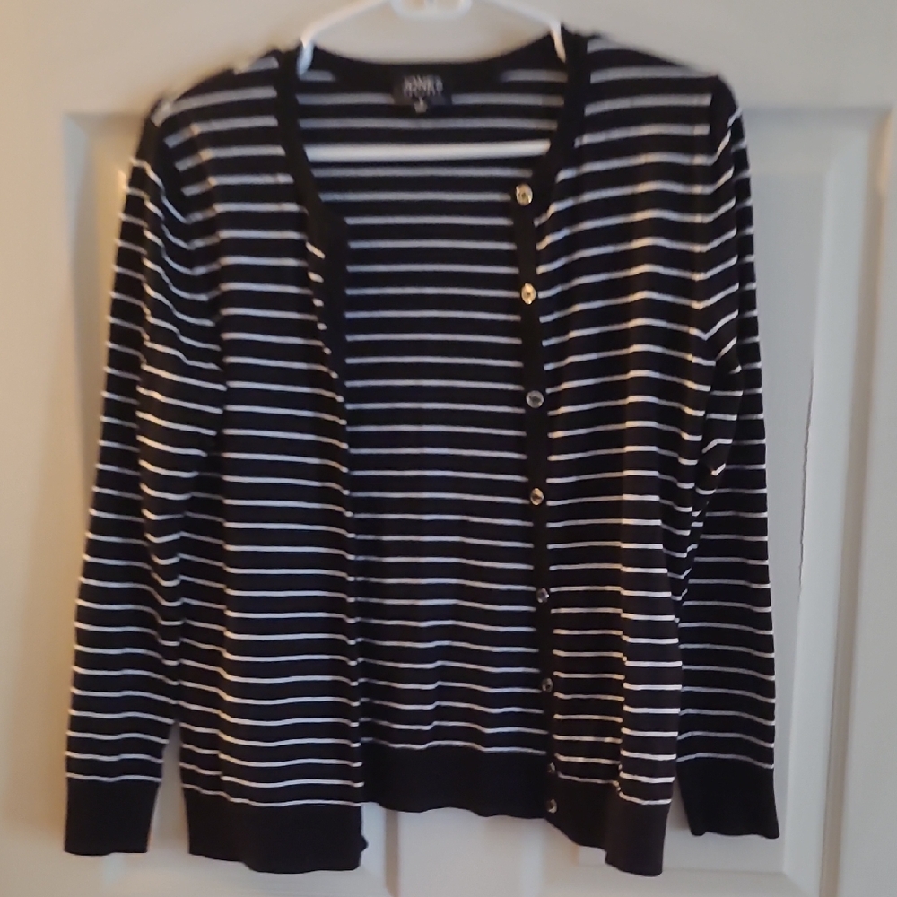 Jones New York Black and White Striped Cardigan